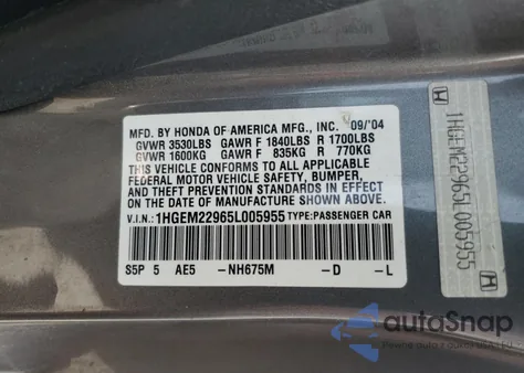 2005 Honda Civic Ex from USA, damaged, VIN 1HGEM22965L005955